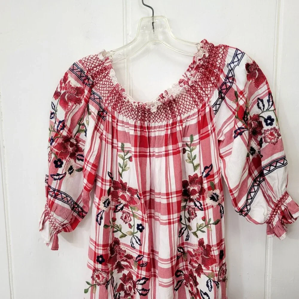 Zara Woman Red Embroidered Off the Shoulder Plaid Mini Dress - Picture 2 of 6